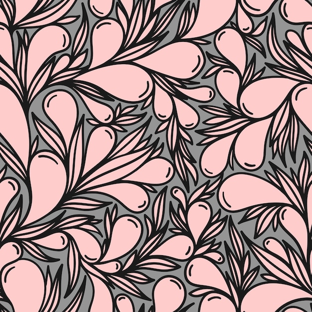 Vector floral seamless pattern with pink paisley on a gray background in vector