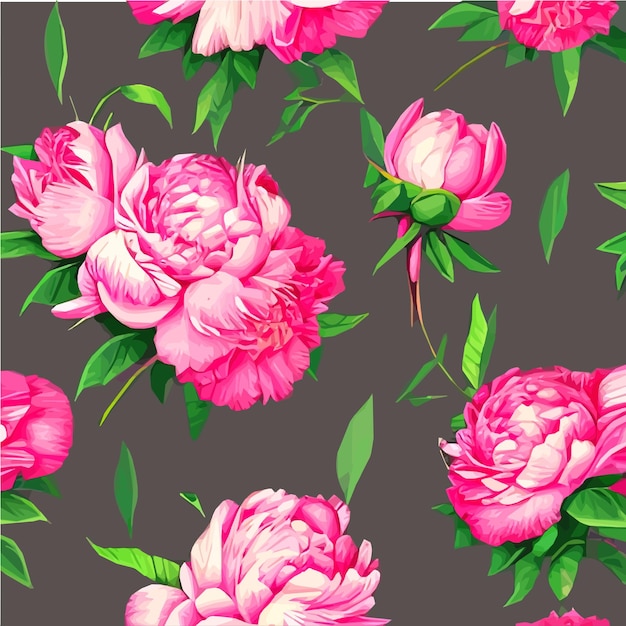 Floral seamless pattern with pink peonies flowers and green leaves on colored