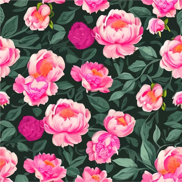 Floral seamless pattern with pink peonies flowers and green leaves on colored