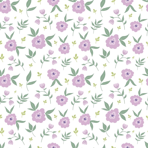 Floral seamless pattern with purple daisy flower and leaves on white background vector illustration