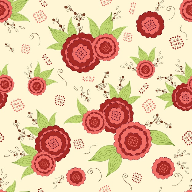 Floral seamless pattern with red hand drawn flowers Bright summer colors