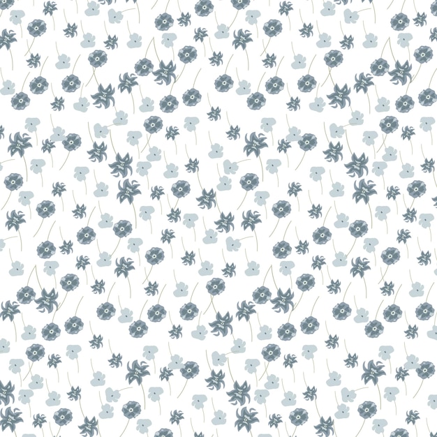 Floral seamless pattern with small blue gray flowers on a white background