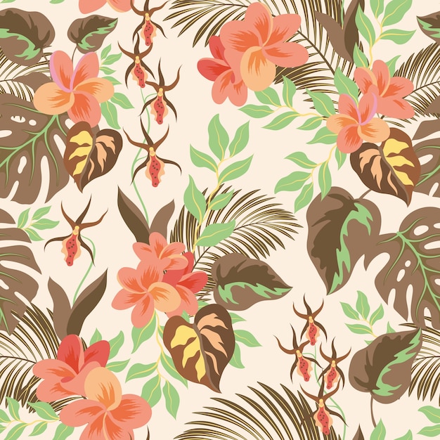 Floral seamless pattern with tropical leaves Palm leaf orchid plumeria flowers