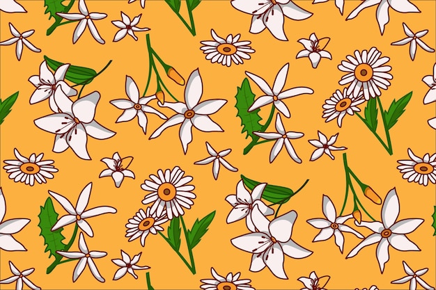 floral Seamless pattern with white flowers and leaves on yellow