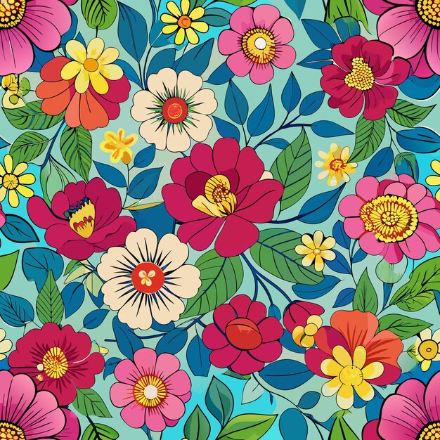 Vector floral seamless repeated pattern flowers in blue and pink