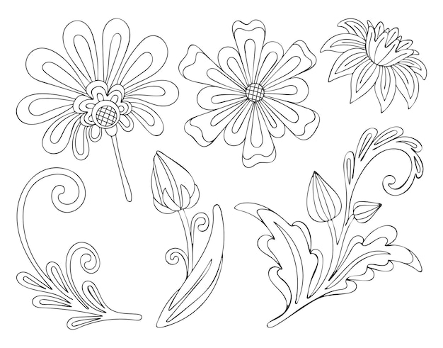 Floral set flower buds and leaves Line sketch of garden flowering plants Hand drawn vector illustration for coloring book