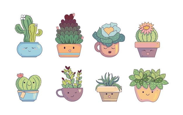 Floral set with vector cactuses and succulents. Cute cartoon cacti  in stylish planters and pots