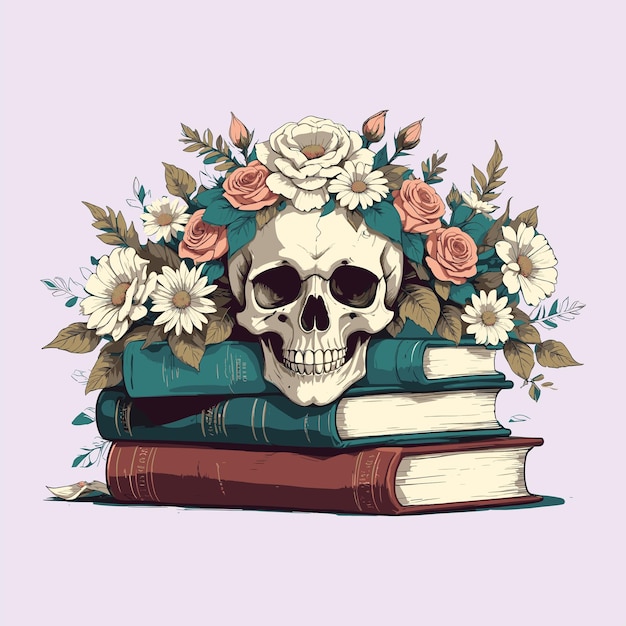 Floral Skull and Books Illustration