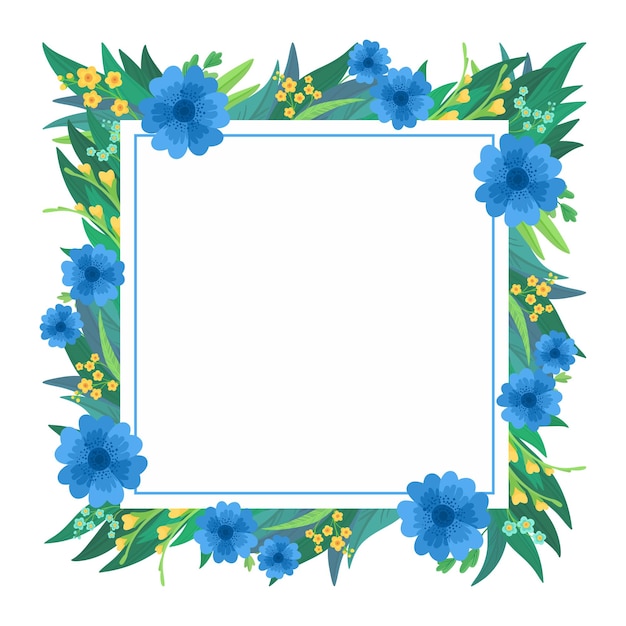 Floral square frame. Blue and yellow wildflowers greeting card design.