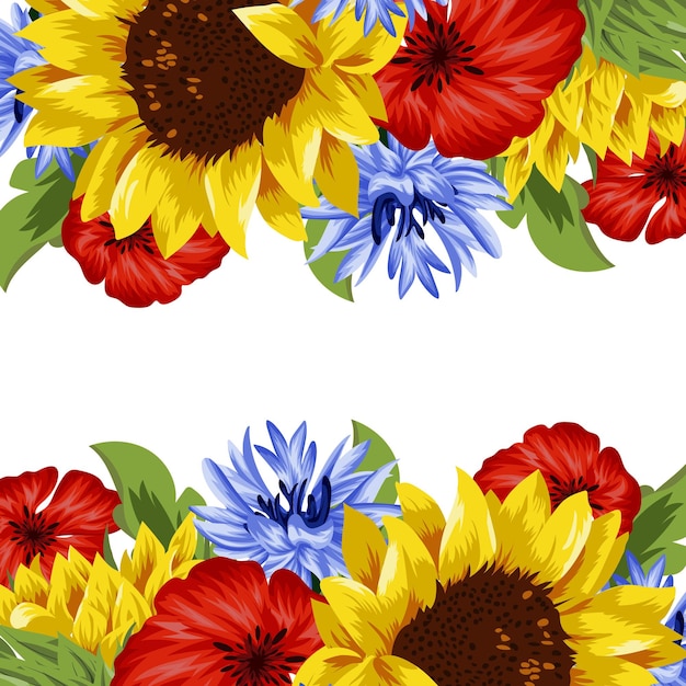 floral style of buds of wildflowers of poppies cornflowers and sunflower with blank space for text