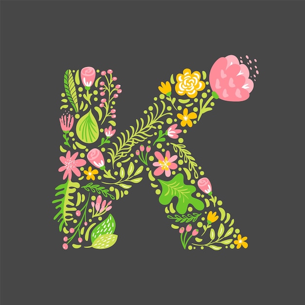 Floral summer Letter K Flower Capital wedding Uppercase Alphabet Colorful font with flowers