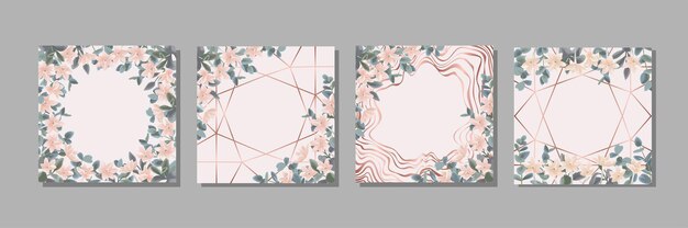 Vector floral templates set with  flowers and eucalyptus botanical backdrop mock ups with text place