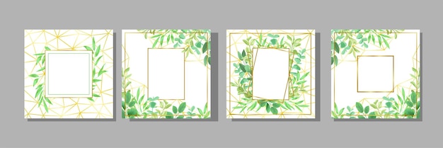 Floral templates set with geometric gold frame herb bushes branches with leaves in watercolor style