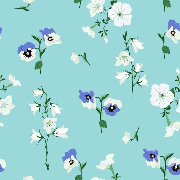 Floral vector illustration Seamless print with bluebells and pansies on a blue background