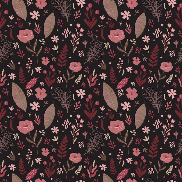 Floral vector seamless pattern . Warm color palette. Foliage flower composition. 