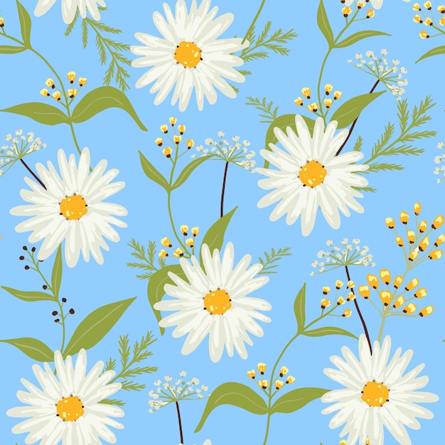 Floral vector seamless patternDaisies on a blue background Seamless vector texture