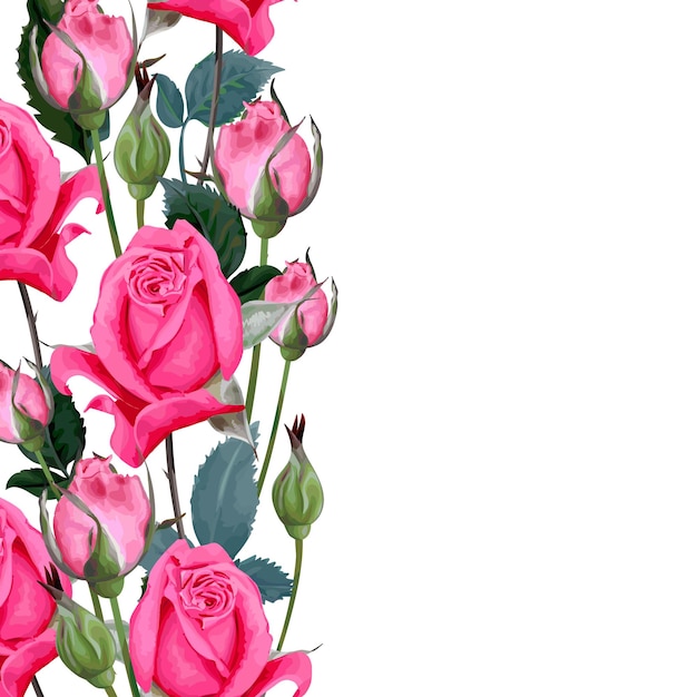 Floral vertical border of pink buds roses flowers and green leaves Copy space