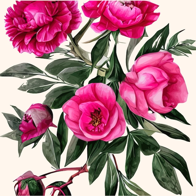 Floral vintage seamless pattern with pink flower peonies and green leaves