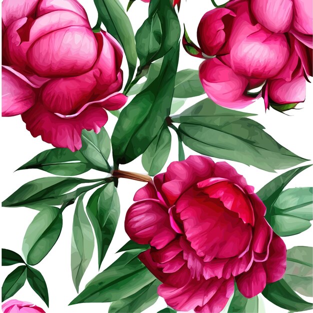 Floral vintage seamless pattern with pink flower peonies and green leaves