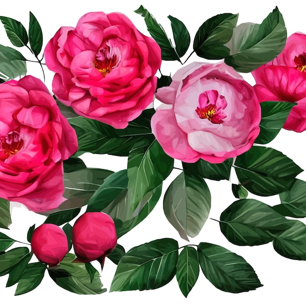 Floral vintage seamless pattern with pink flower peonies and green leaves