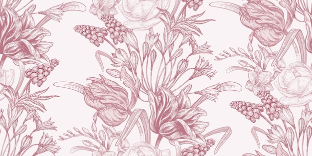 Floral vintage seamless pattern with Spring flowers