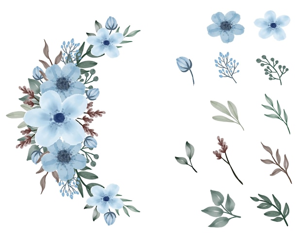 Floral watercolor arrangement of blue and element flower bud branch and leaves