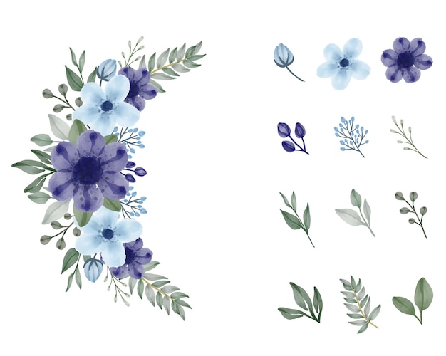 Floral watercolor arrangement of blue and purple with element flower  bud branch and leaves