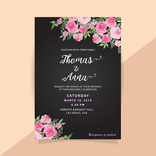 Floral watercolor wedding invitation in black background