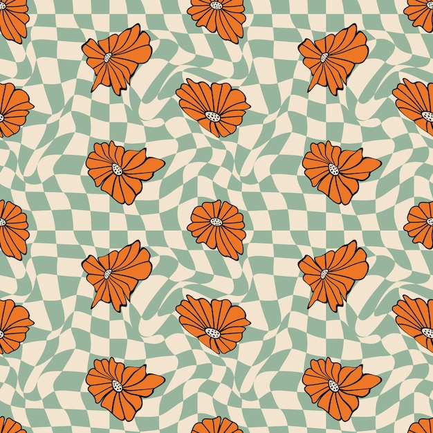 Floral and Wavy grid seamless pattern retro style background print for wallpaper fabric print