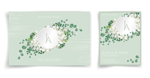 Floral wedding card or invitation card on green background