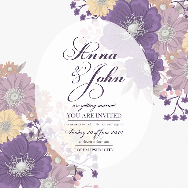 Floral wedding card template with purple flower