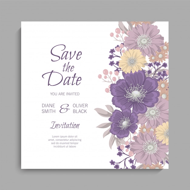 Floral wedding card with purple flowers