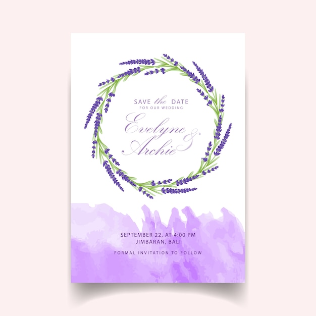 Floral wedding invitation card template design with lavender flowers.