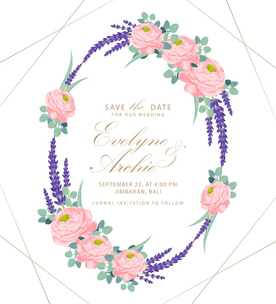 Floral wedding invitation card template design with ranunculus rose and lavender flowers.