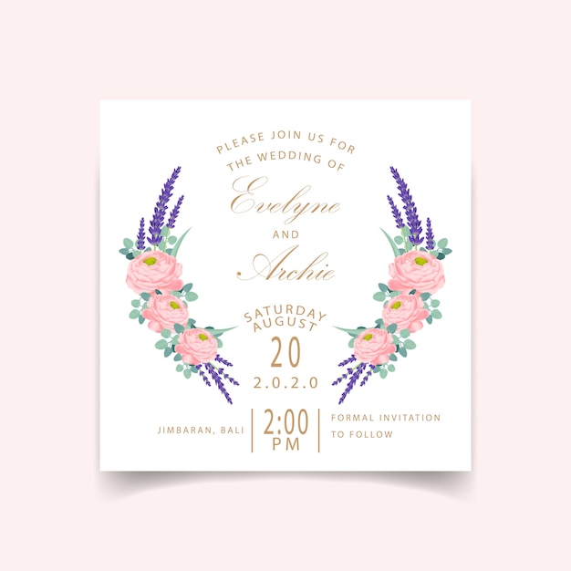 Floral wedding invitation card template design with ranunculus rose and lavender flowers.