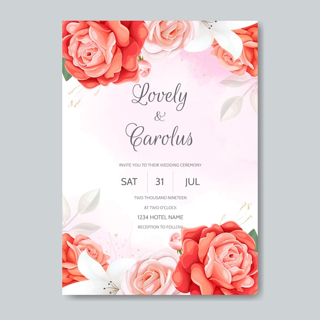 Floral wedding invitation card template set with beautiful flowers border