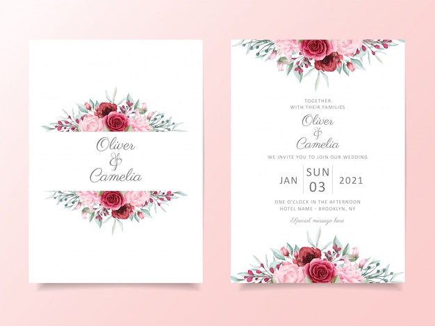 Floral wedding invitation card template set with watercolor flowers border decoration