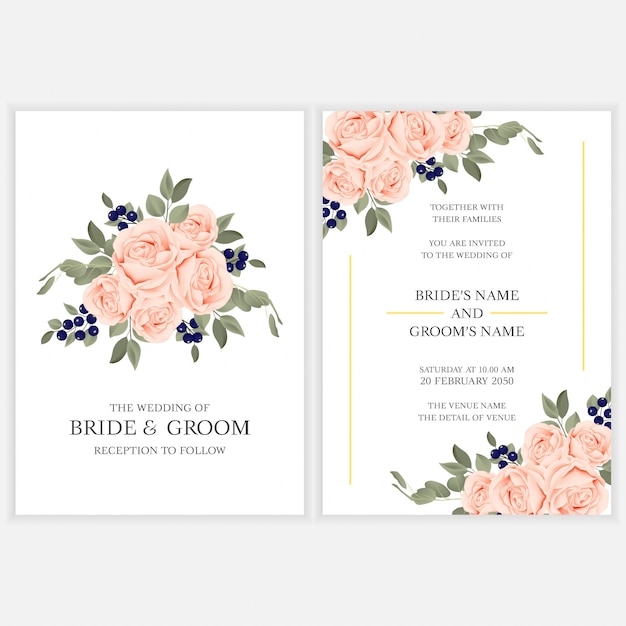 Floral wedding invitation card template with rose bouquet