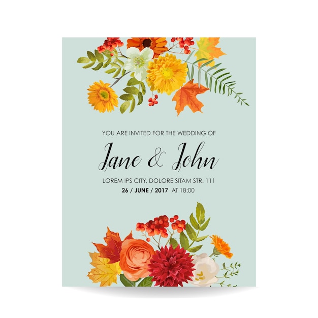 Floral Wedding Invitation Card with Autumn Flowers, Leaves and Rowanberry. Baby Shower Decoration in