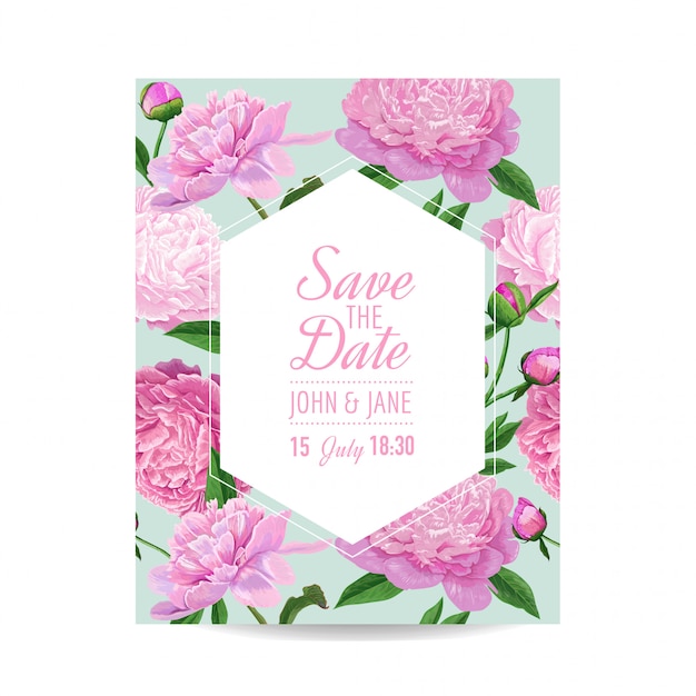 Floral Wedding Invitation Card with Peony Flowers