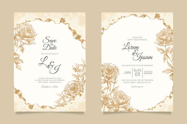 Floral wedding invitation cards template with watercolor gold foil 