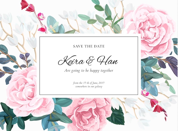 Floral wedding invitation design with pale pink roses on the white background Romantic vector design