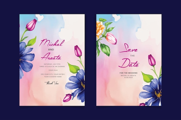 Floral wedding invitation and menu template with soft nature