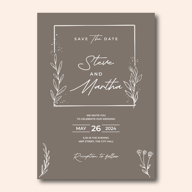 Floral wedding invitation template organic hand drawn leaf decoration simple minimalist style