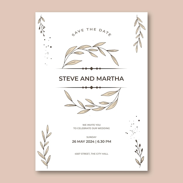 Floral wedding invitation template organic hand drawn leaves decoration