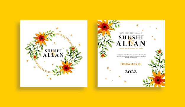 floral wedding invitation template set watercolor flowers and leaves