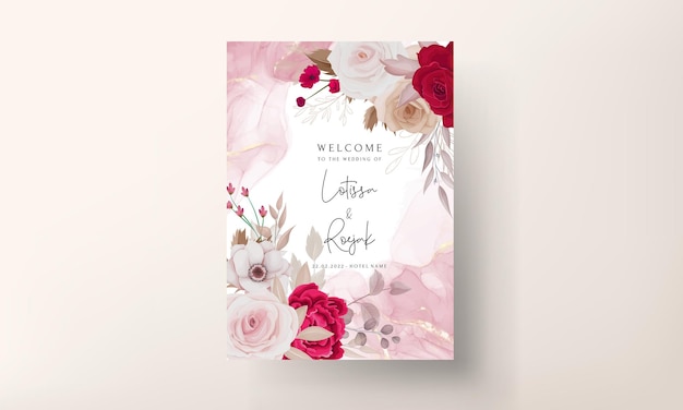 Floral wedding invitation template set with brown and maroon roses flowers and leaves decoration