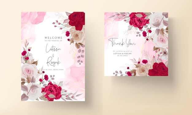 Floral wedding invitation template set with brown and maroon roses flowers and leaves decoration