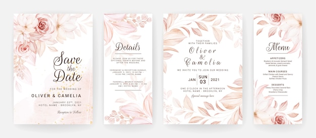 Floral wedding invitation template set with brown roses flowers and leaves decoration. 