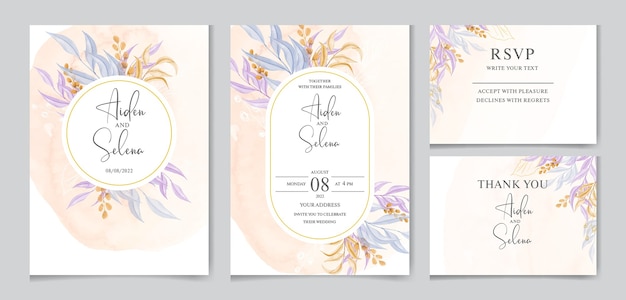 Floral wedding invitation template set with colorful leaves decoration